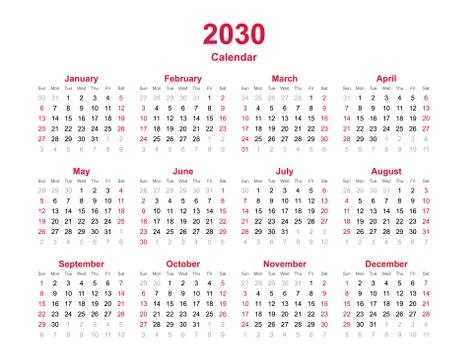 Calendar template 2030 Stock Illustration