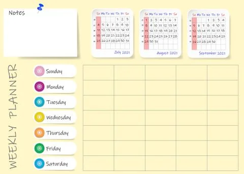 Calendar of third quarter of 2021 year with weekly planner table Stock Illustration