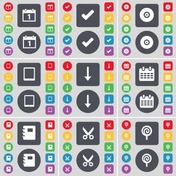 Calendar, Tick, Disk, Tablet PC, Arrow down, Notebook, Scissors, Lollipop icon s Stock Illustration
