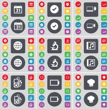 Calendar, Tick, Laptop, Globe, Microscope, Media window, MP3 player, Battery, Co イラスト素材