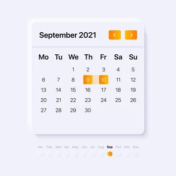 Calendar UI Element. Neumorphism UI Concept with orange gradient pickers.  Stock Illustration