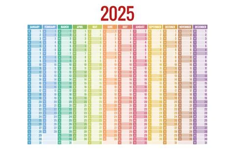Calendar vertical, planner, date, calender, planner for 2025. Vector Stationery Stock Illustration