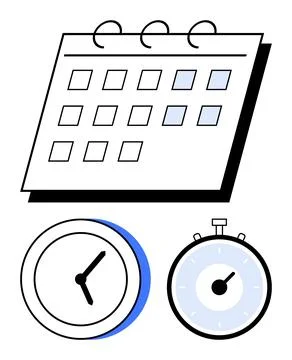 Calendar, Wall Clock, and Stopwatch Representing Time Management and Schedu.. 스톡 일러스트