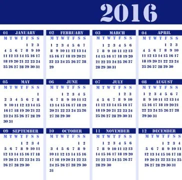 Calendar for the year 2016 Stock Illustration