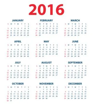 Calendar for the year 2016 Stock Illustration