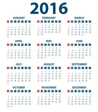 Calendar for the year 2016 스톡 일러스트