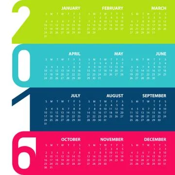 Calendar for the year 2016 스톡 일러스트