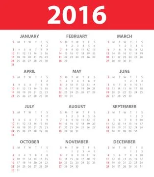 Calendar for the year 2016 Stock Illustration
