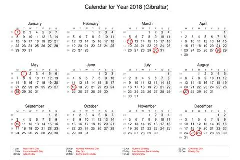 Calendar of year 2018 with public holidays and bank holidays for Gibraltar Stock Illustration