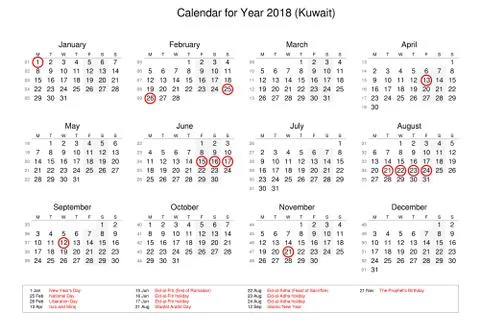 Calendar of year 2018 with public holidays and bank holidays for Kuwait Stock Illustration