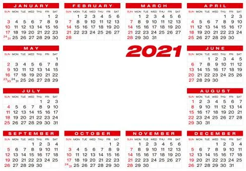 Calendar for year 2021, in vector format. Stock Illustration