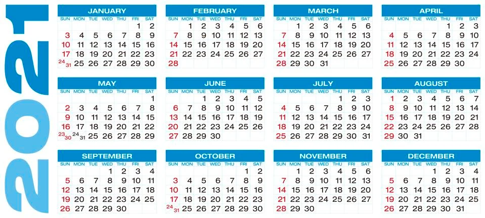 Calendar for year 2021, in vector format. Stock Illustration