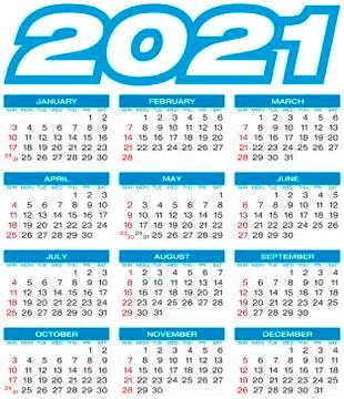 Calendar for year 2021, in vector format. Stock Illustration
