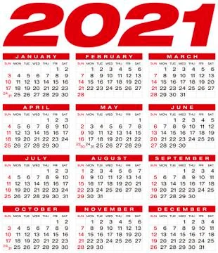 Calendar for year 2021, in vector format. Stock Illustration