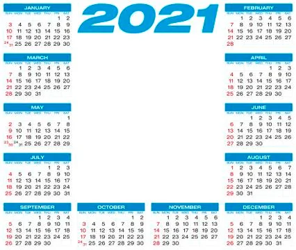 Calendar for year 2021, in vector format. Stock Illustration