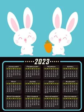 Calendar of the year 2023 On the blue background there are two rabbits above. Stock Illustration