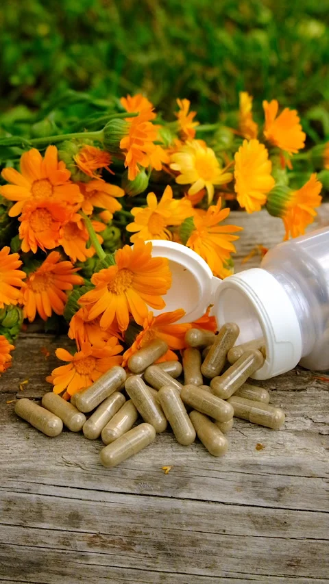 Calendula tincture and supplements. Selective focus. Stock Footage 315208714