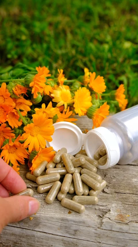 Calendula tincture and supplements. Selective focus. Stock Footage 315589418