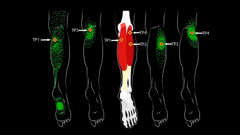 Calf muscle. Trigger points in the leg, reflected pain on the back of the thigh Stock Illustration