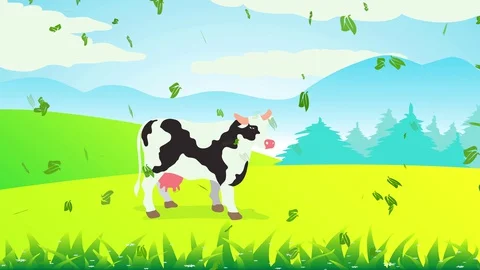Calf position on a rich prairie surrounded by green hills high pasture under Stock Footage 129642878