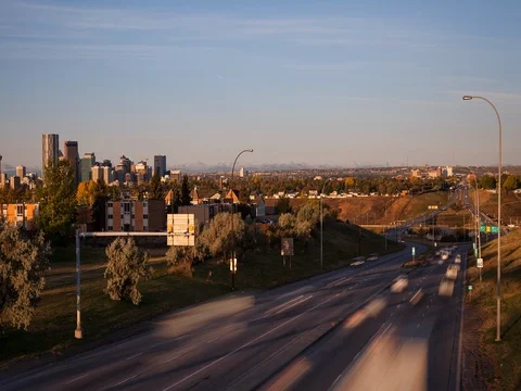 Calgary, AB, Canada - Trans-Canada Highway 1 after sunrise - Timelapse zoom out Stock Footage 75284003