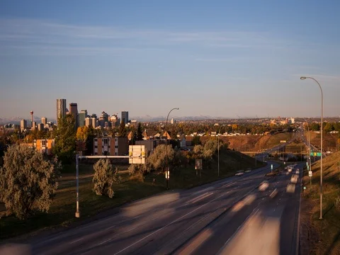 Calgary, AB, Canada - Trans-Canada Highway 1 after sunrise - Timelapse zoom in Stock Footage 75284019