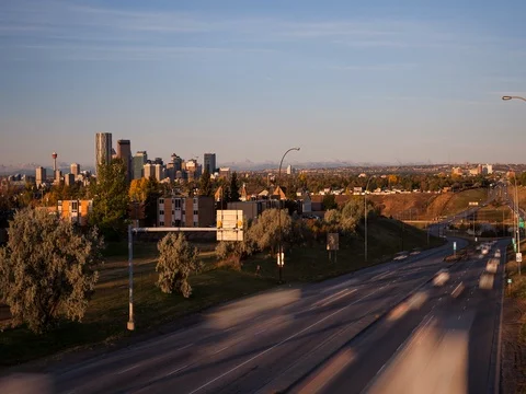 Calgary, AB, Canada - Trans-Canada Highway 1 after sunrise - Timelapse pan right Stock Footage 75284040