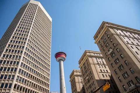 Calgary, Alberta - April 24, 2022: View of the landmark Calgary Tower. Stock Photos