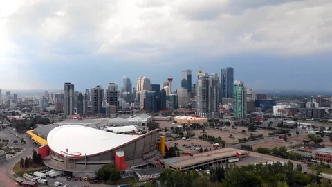 Calgary, Alberta, Canada, Aerial View of Downtown Buildings and Saddledome Arena Stock Footage