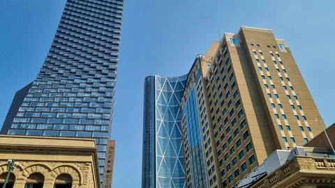 Calgary, Alberta, Canada - August 07, 2023: The downtown of Calgary. Skyscrap Stock Photos