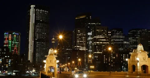 Calgary - Alberta Canada - Downtown - Night - 24P - Cinematic DCI 4K Stock Footage 47766023