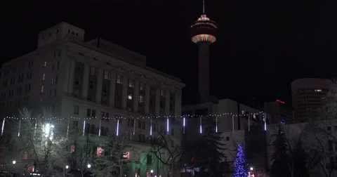 Calgary - Alberta Canada - Downtown - Night - 24P - Cinematic DCI 4K - Flat Stock Footage 47766067
