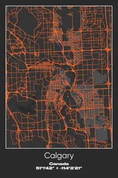 Calgary, Canada - vector map of city in Gray, Black, Orange colors Stock Illustration