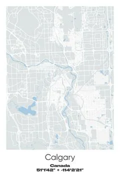 Calgary, Canada - vector map of city in Gray, white, green, blue colors Stock Illustration