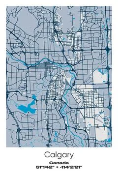 Calgary, Canada - vector map of city in Blue, Gray, Yellow, Olive colors Stock Illustration