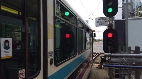 Calgary City - Passing Train - Traffuc Lights - Summer Day - 4K Stock Footage 204764058