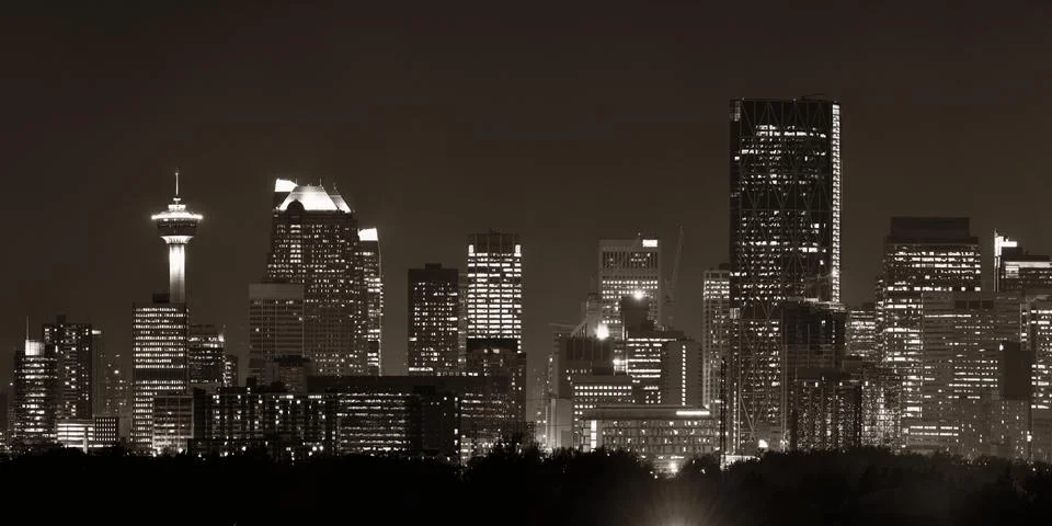 Calgary downtown panorama at night in Alberta, Canada. Stock Photos