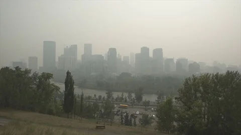 Calgary Downtown With Smokey Sky Stock Footage 93798243