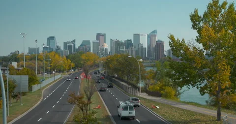 Calgary downtown with traffic in foreground Stock Footage 43238429