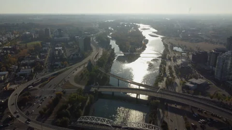Calgary Drone Aerial Bow River East Village Stock Footage 218255903
