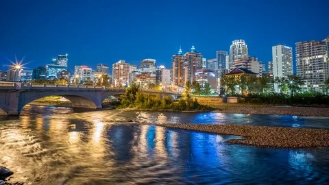 Calgary river time lapse of skyline at night 4k 1080p Stock Footage 78121007