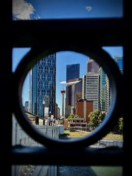 Calgary Skyline Framed in Railing Stock Photos