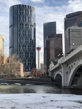 Calgary Tower &amp; Bow Tower with the Bow River &amp; Centre Street Bridge Stock Photos
