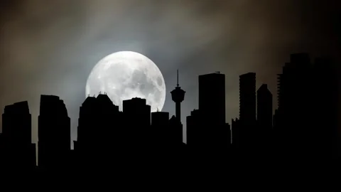 Calgary's downtown Skyline, Time Lapse by Night with Full Moon, Canada Stock Footage 277839866