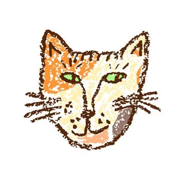 Calico cat. Face or muzzle of smiling happy cat. Crayon hand drawn funny kitty Stock Illustration