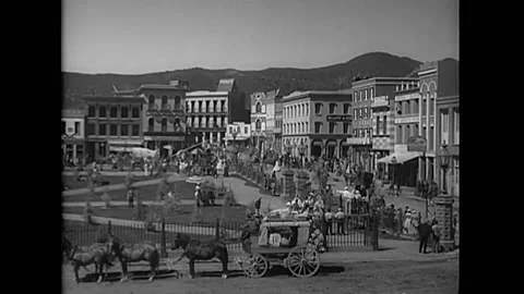 CALIFORNIA - 1937 - Busy activity on the set of the western "Wells Fargo" on the Stock Footage 254199064