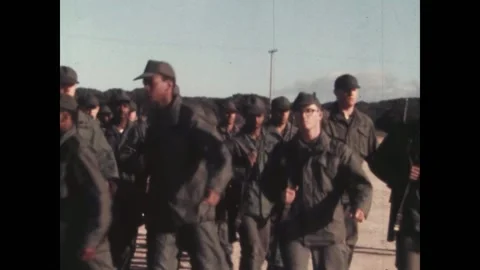 CALIFORNIA - 1970s - Recruits in basic training at Fort Ord are drilled in Video stock 323148670