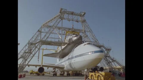 CALIFORNIA - 1985 - NASA technicians work on the Space Shuttle Atlantis outside Stock Footage 341516275
