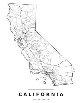 California CA Map Counties Highways Roads Black White Editable Vector Stock Illustration