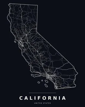 California CA Map Counties Highways Roads Dark Mode Editable Vector Stock Illustration